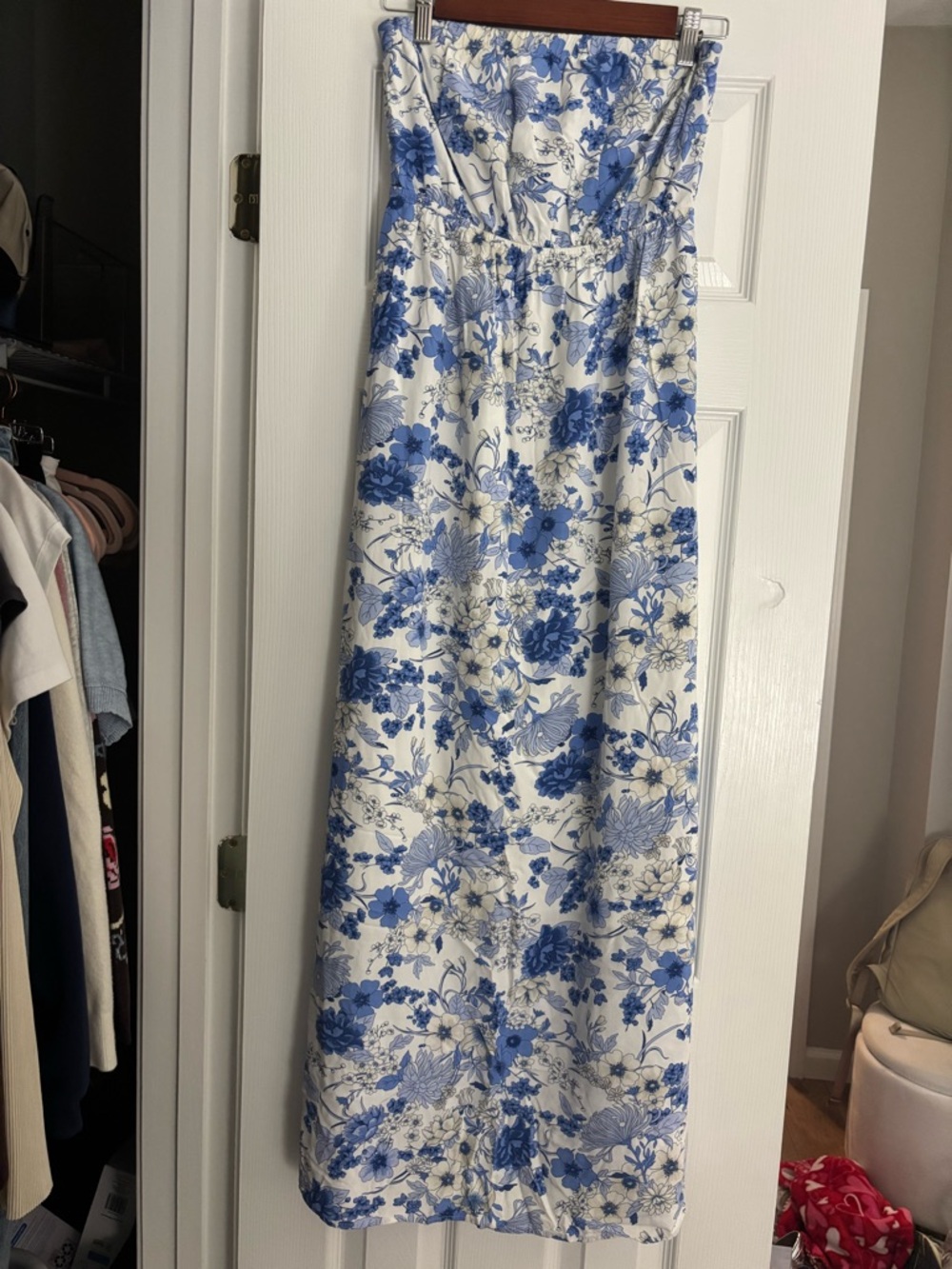 blue and white floral strapless dress, some tan in the flowers